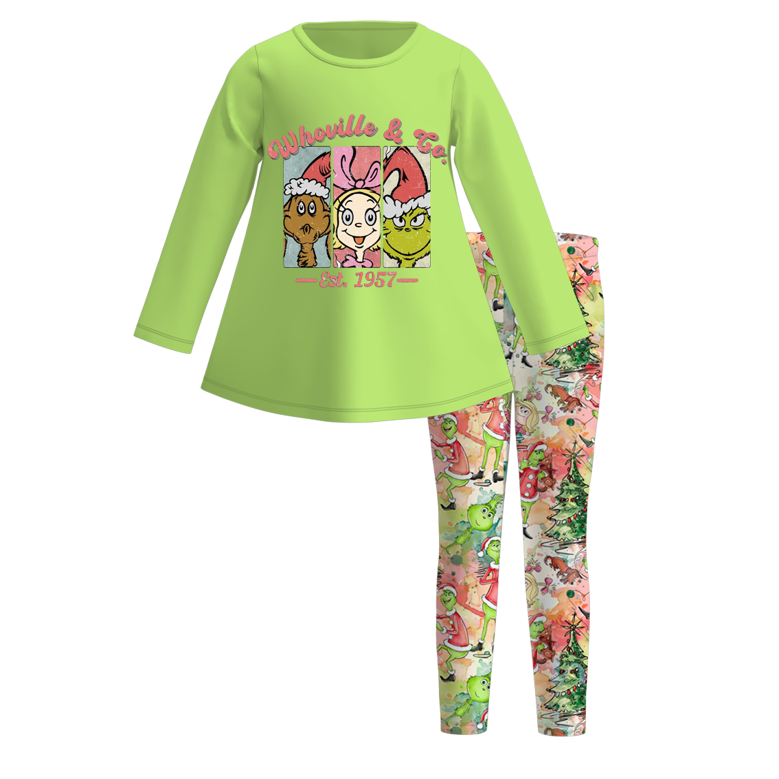 （Pre Order）Girls Christmas Cartoon Print Outfit Set