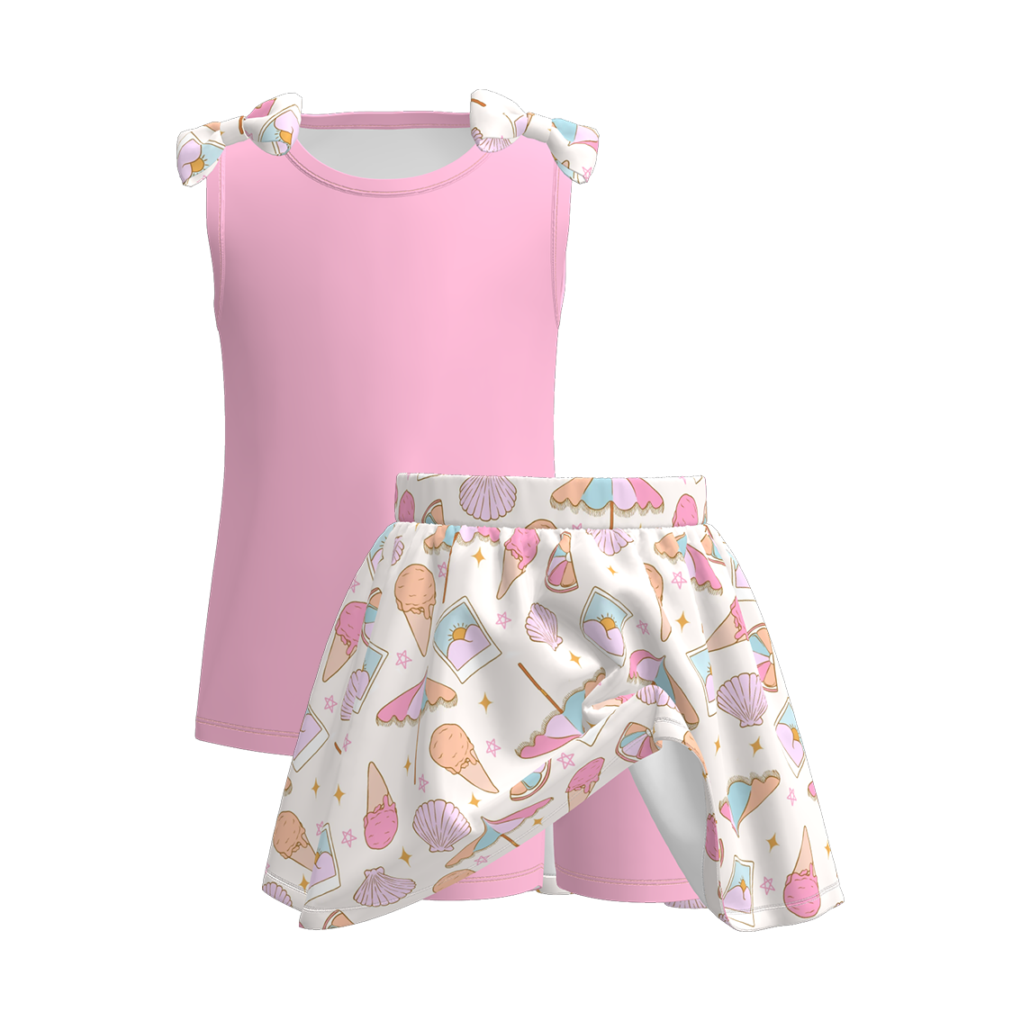 （Pre Order）Girls Summer Print Bow Top Skort Set