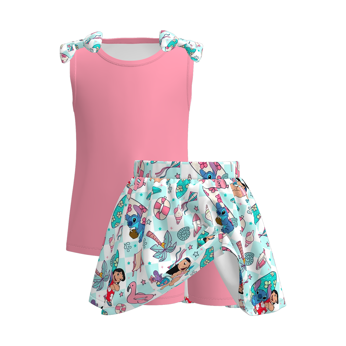 （Pre Order）Girls Summer Print Bow Top Skort Set