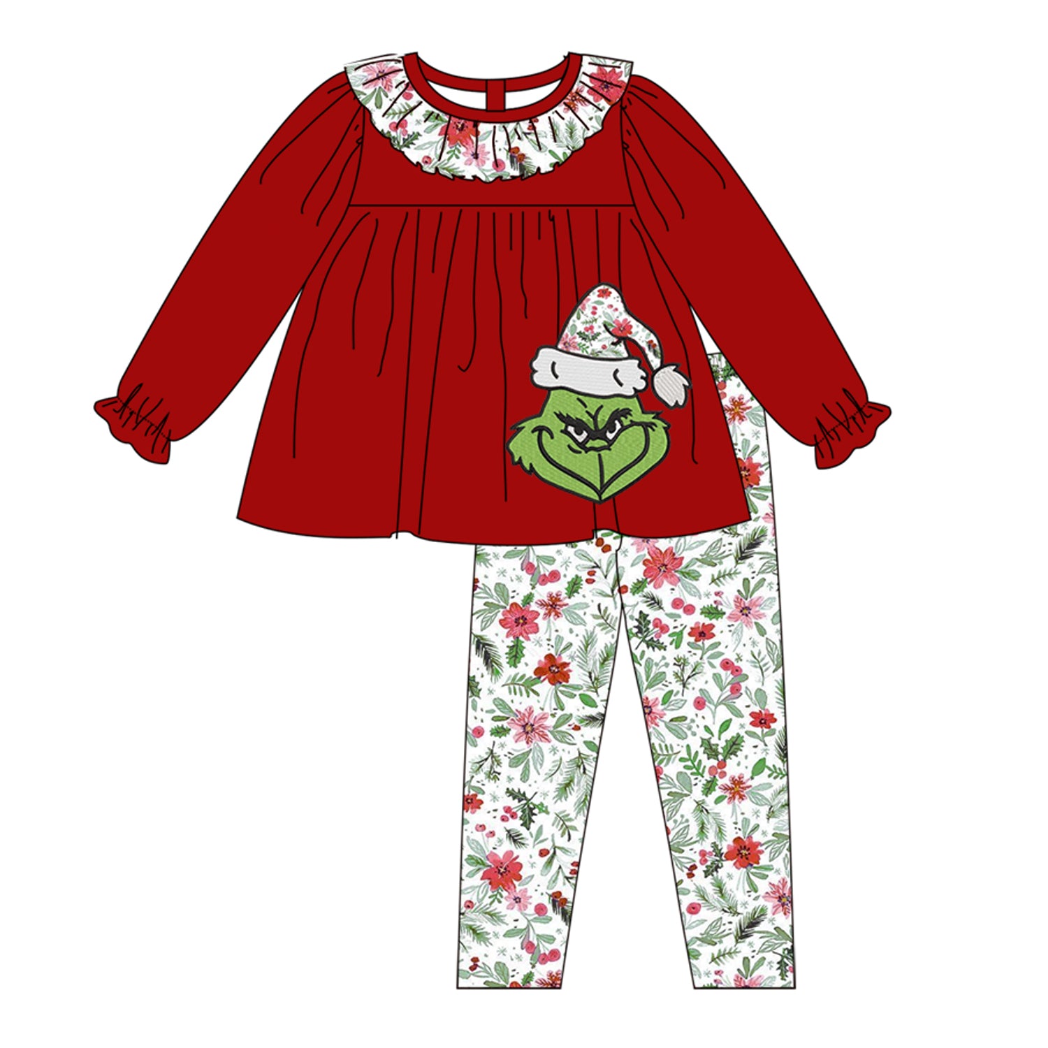 （Pre Order）Girls Christmas Cartoon Applique Outfit Set