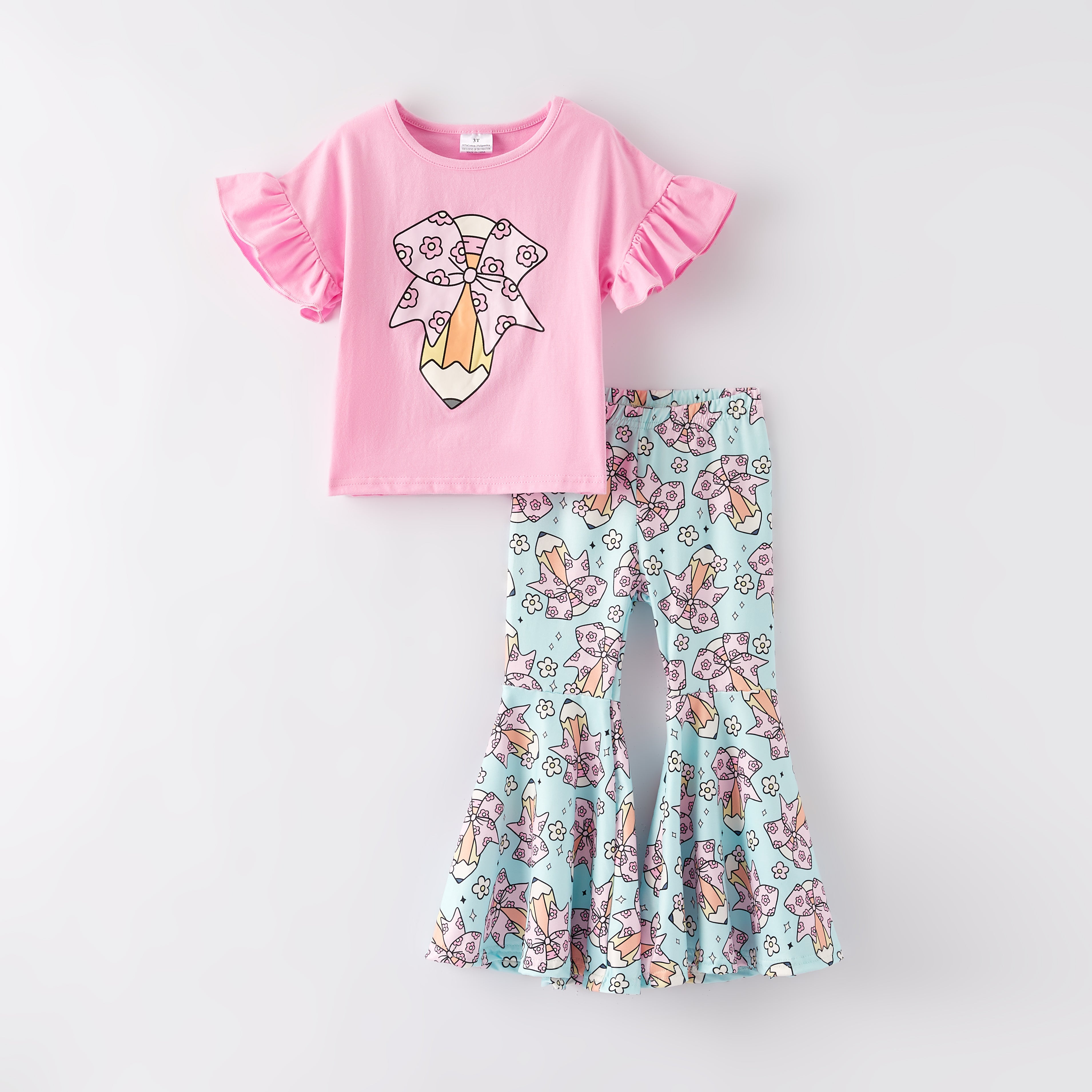 （In Stock）Girls Summer Back To School Pencil Print Outfit Set