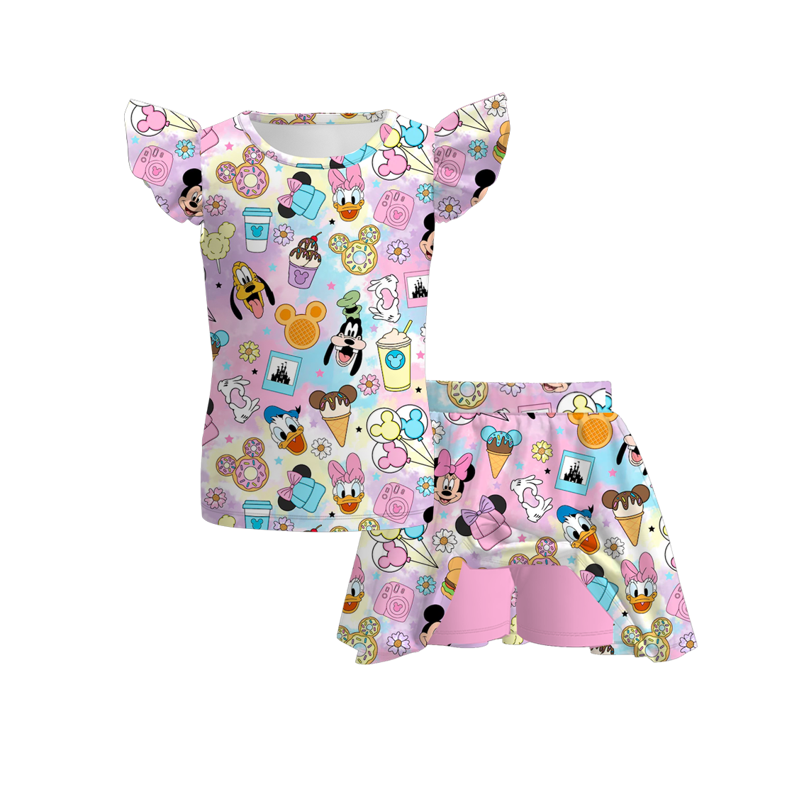 （Pre Order）Girls Spring and Summer Cartoon Print Skort Set