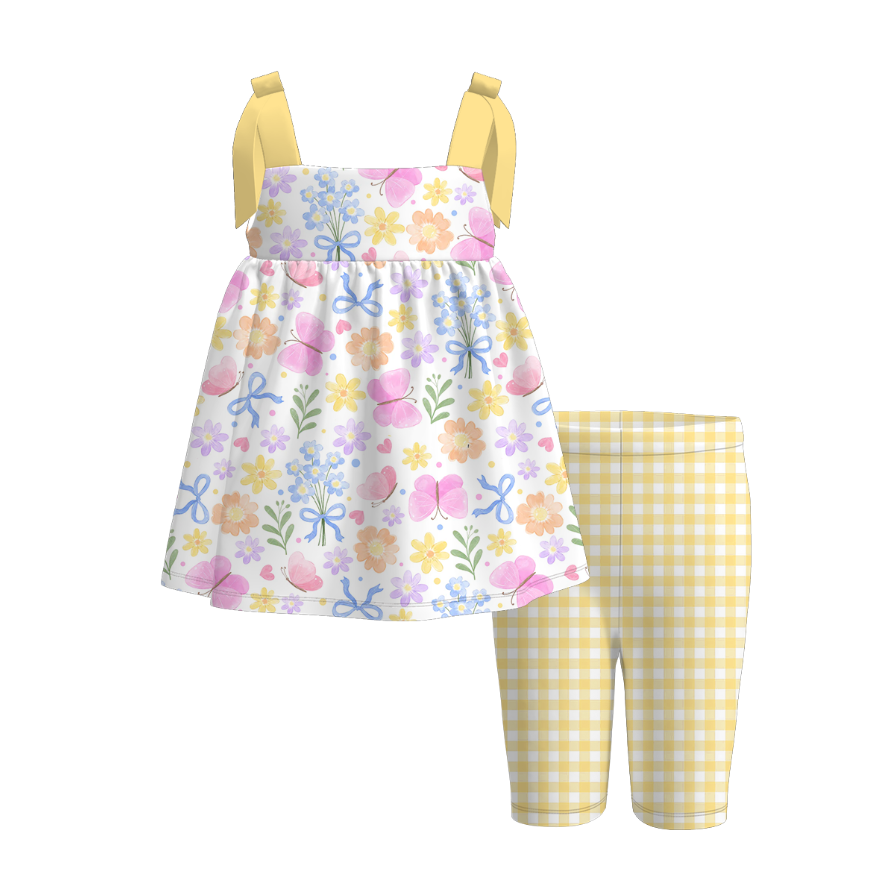 （Pre Order）Girls Spring and Summer Floral＆Goose Print Capris Set