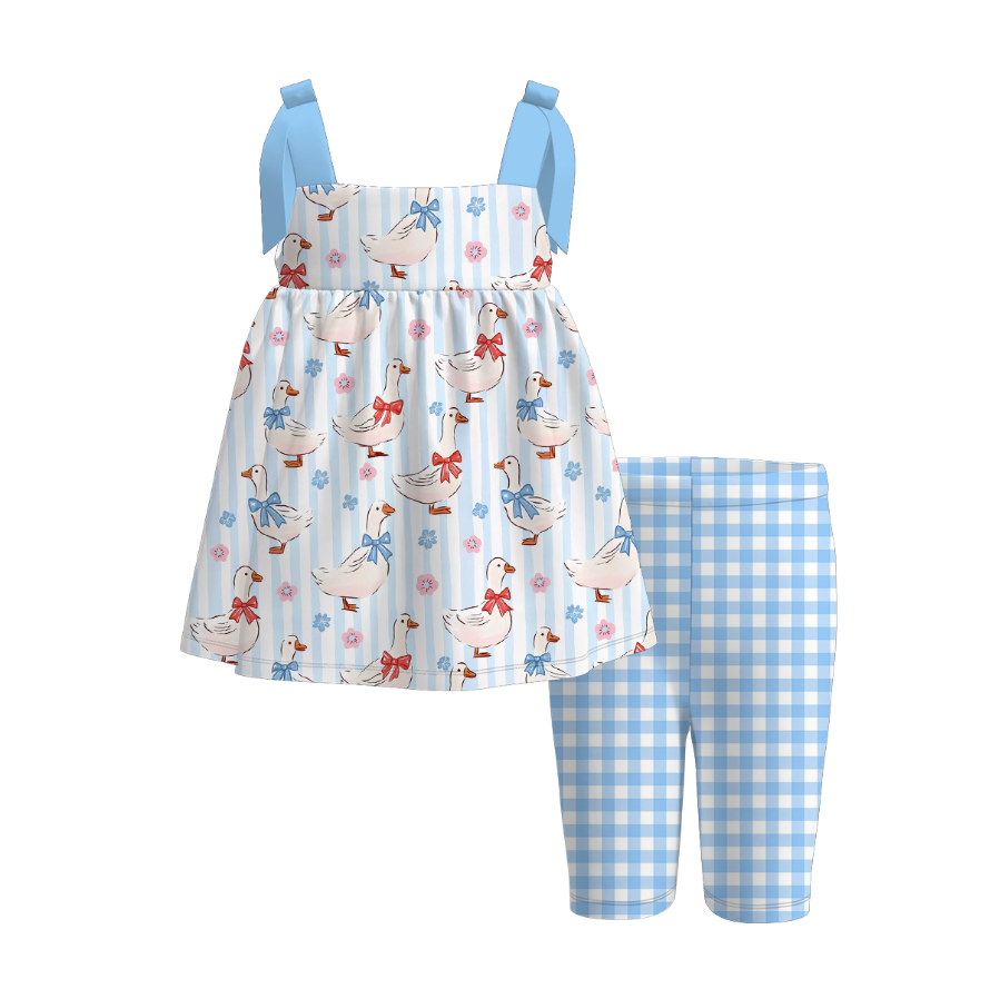 （Pre Order）Girls Spring and Summer Floral＆Goose Print Capris Set