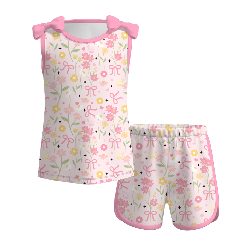 （Pre Order）Girls Spring and Summer Bow,Floral＆Cherry Print Shorts Set
