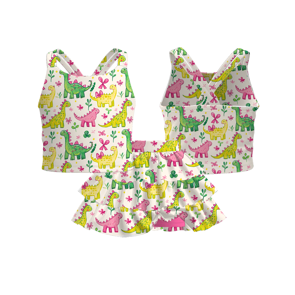 （Pre Order）Girls Spring and Summer Bow＆Dinosaur Print Skort Set