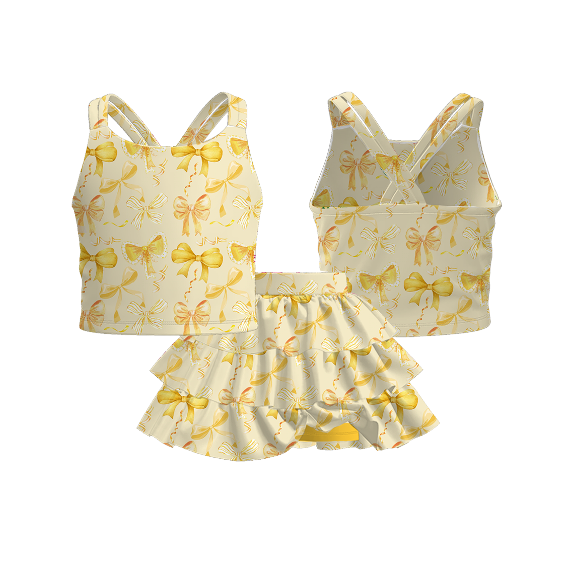 （Pre Order）Girls Spring and Summer Bow＆Dinosaur Print Skort Set