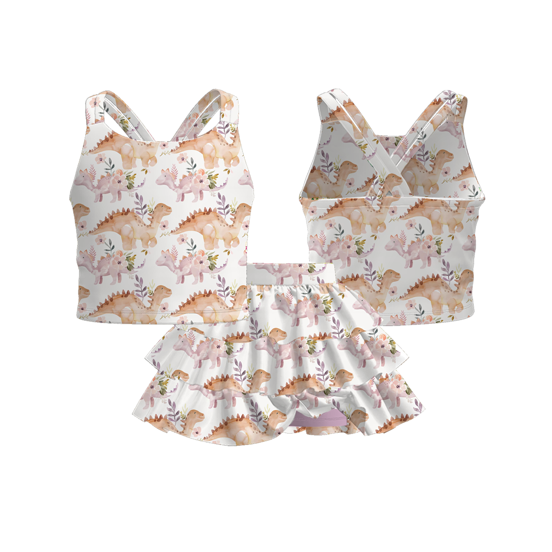 （Pre Order）Girls Spring and Summer Bow＆Dinosaur Print Skort Set