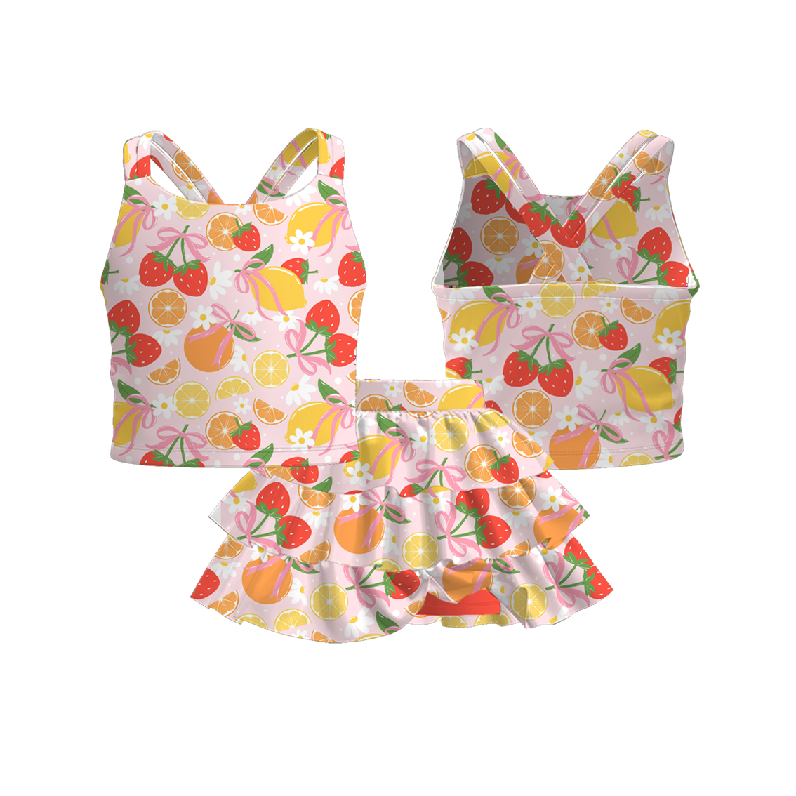 （Pre Order）Girls Spring and Summer Bow＆Dinosaur Print Skort Set