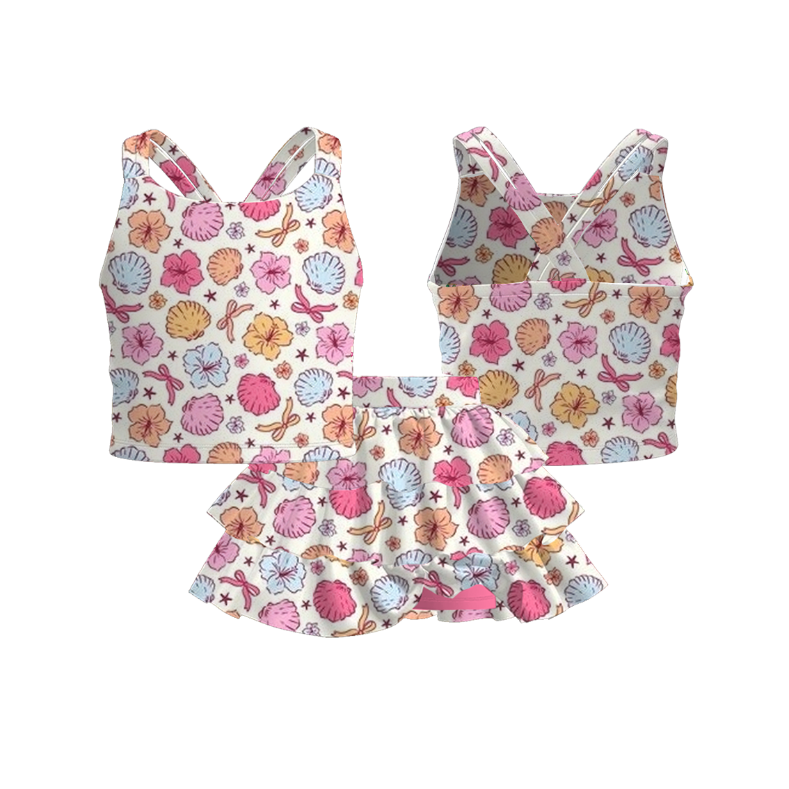（Pre Order）Girls Spring and Summer Bow＆Floral Print Skort Set