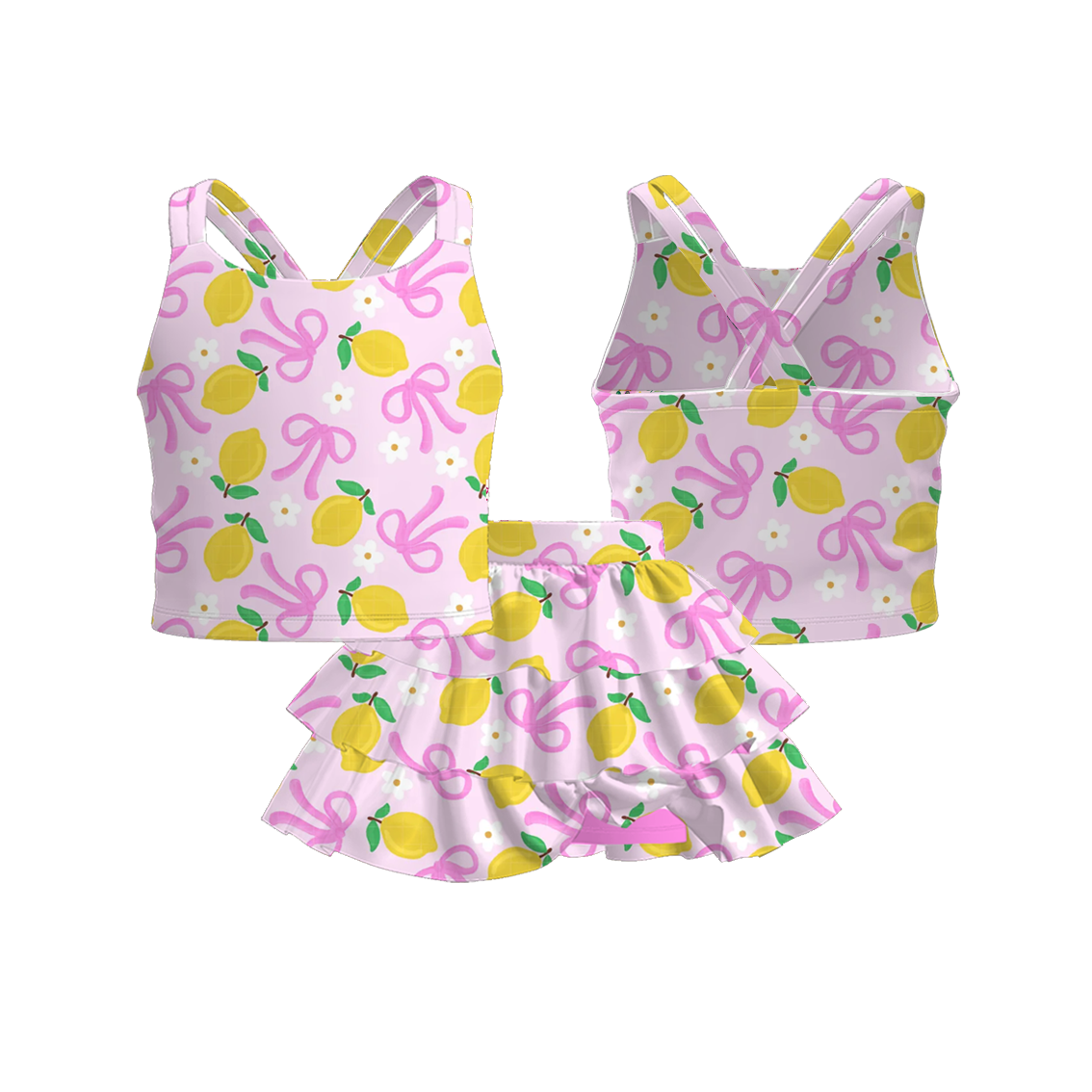 （Pre Order）Girls Spring and Summer Bow＆Floral Print Skort Set