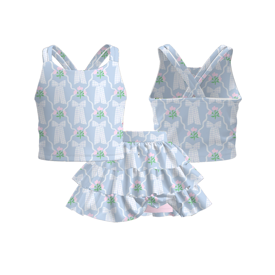 （Pre Order）Girls Spring and Summer Bow＆Floral Print Skort Set
