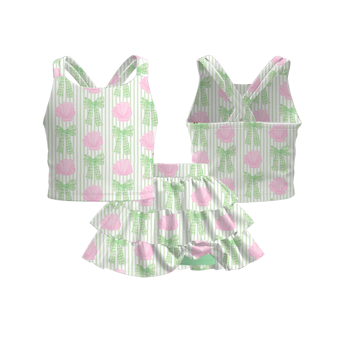 （Pre Order）Girls Spring and Summer Bow＆Floral Print Skort Set