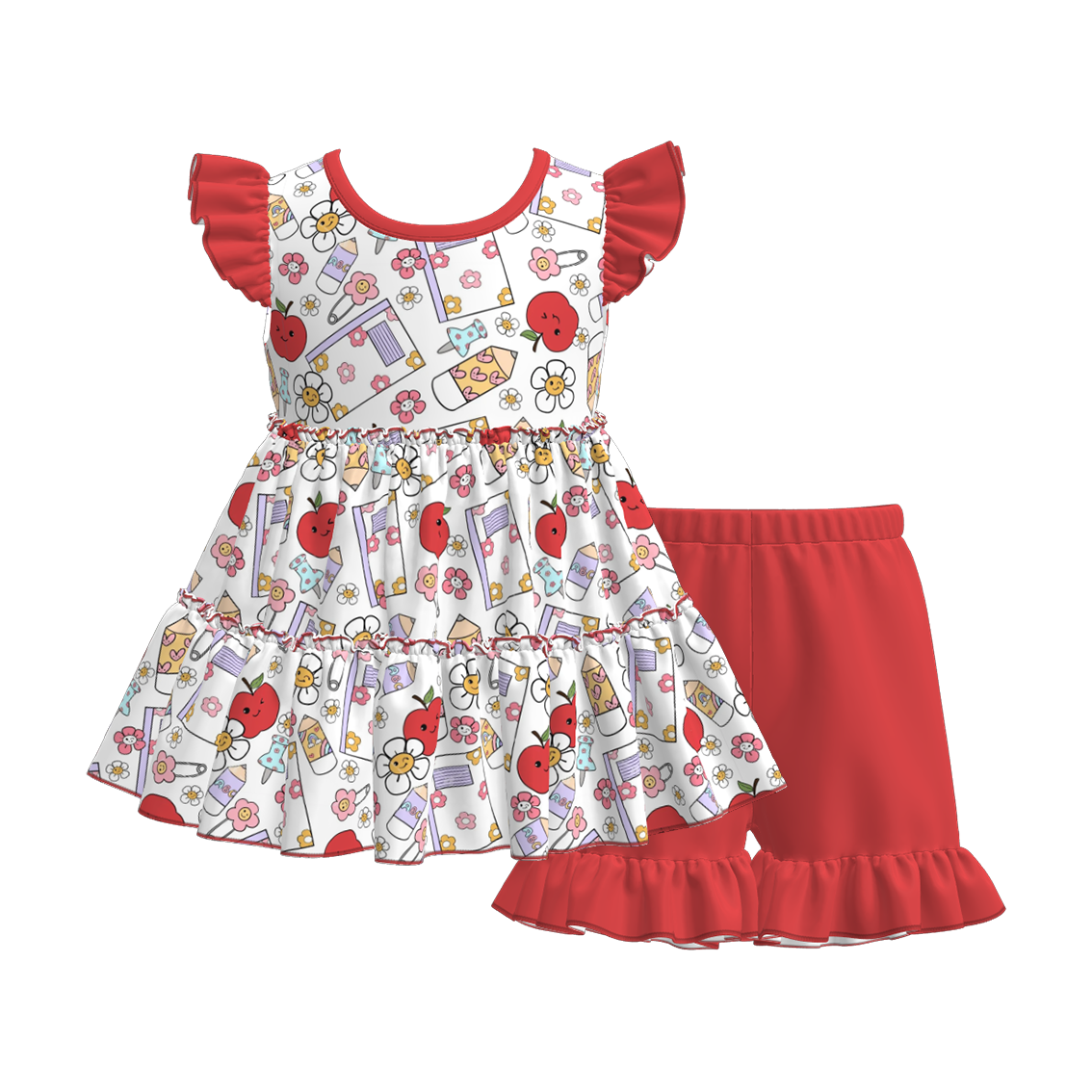 （Pre Order）Girls Summer Back To School Print Shorts Set
