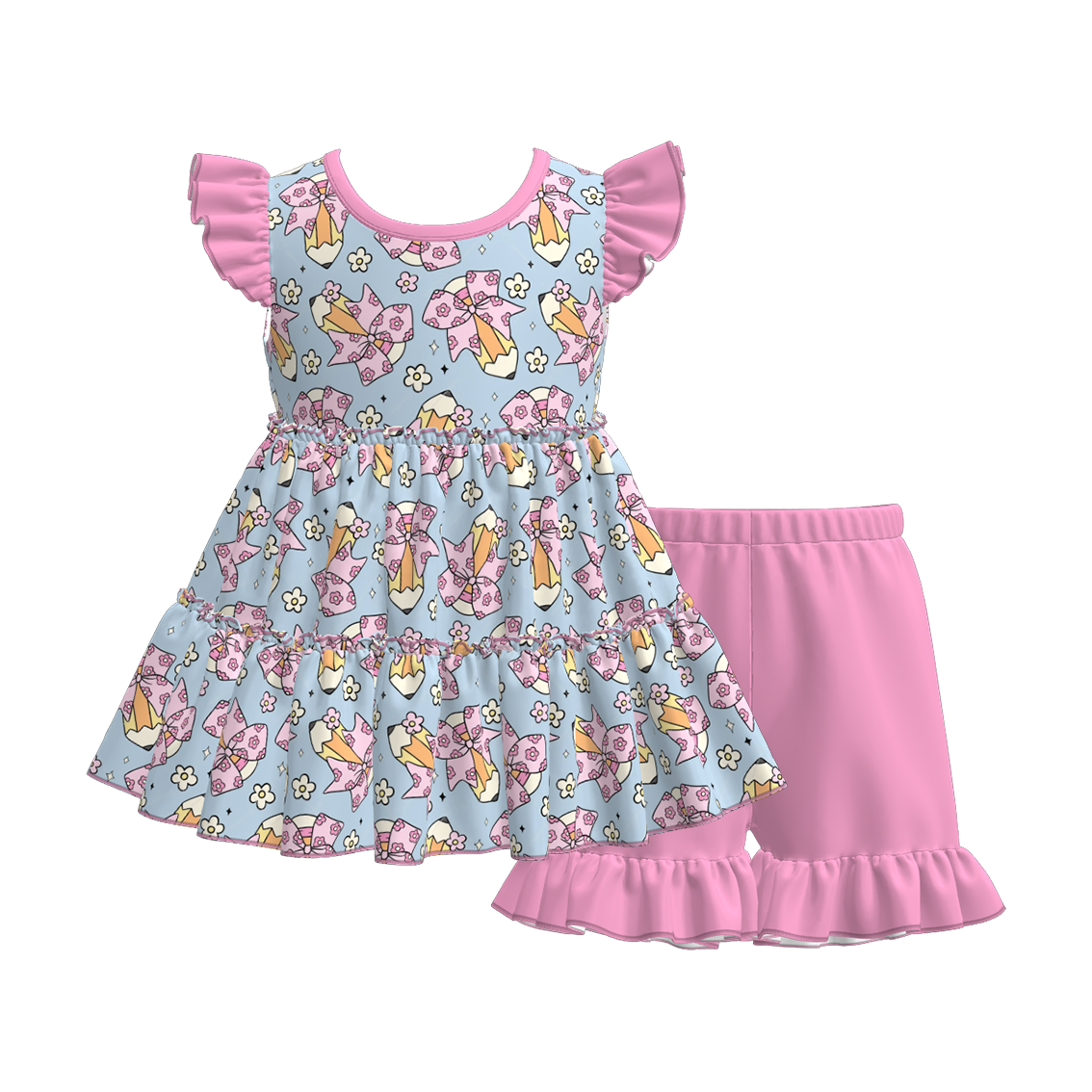 （Pre Order）Girls Summer Back To School Print Shorts Set