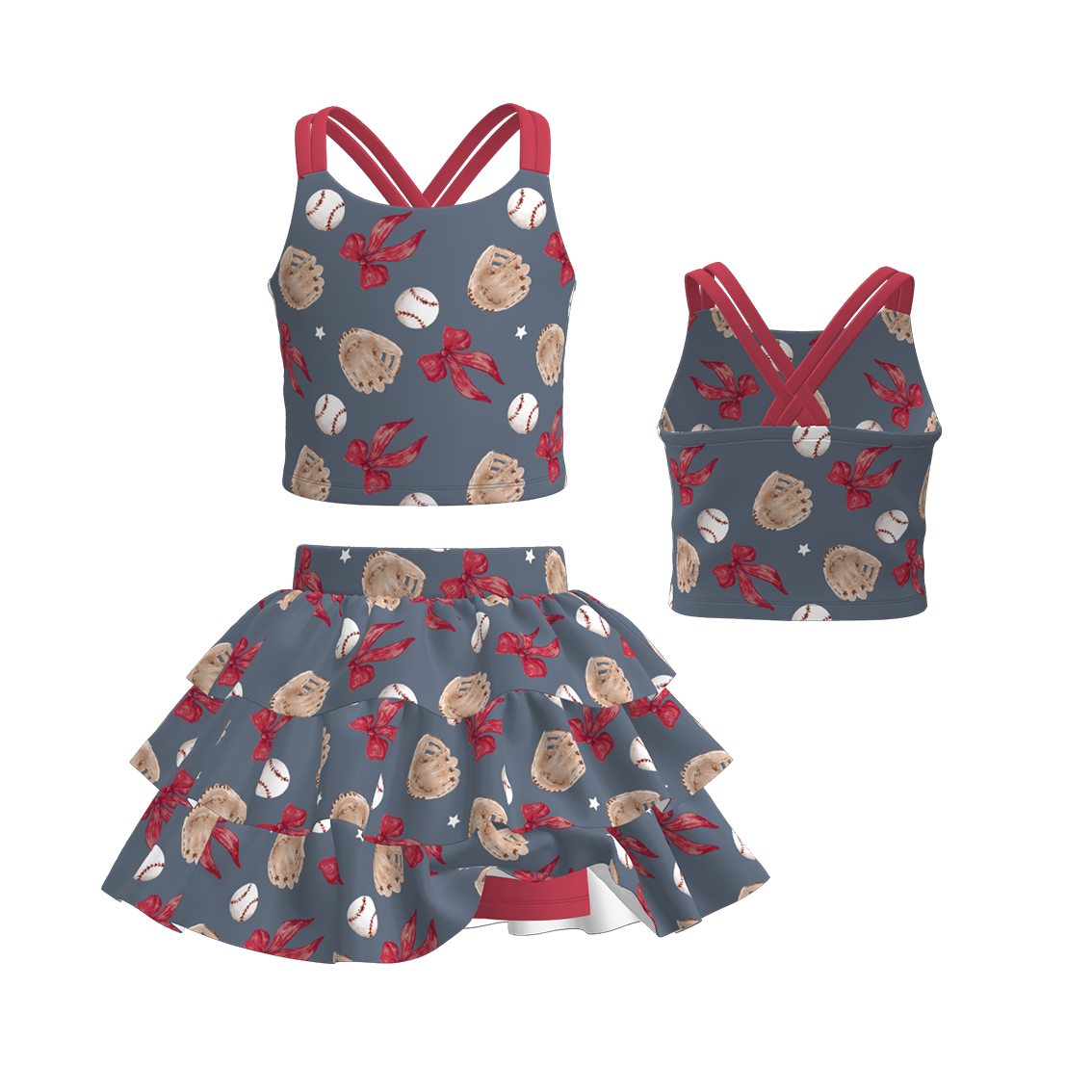 （Pre Order）Girls Spring and Summer Baseball Print Skort Set