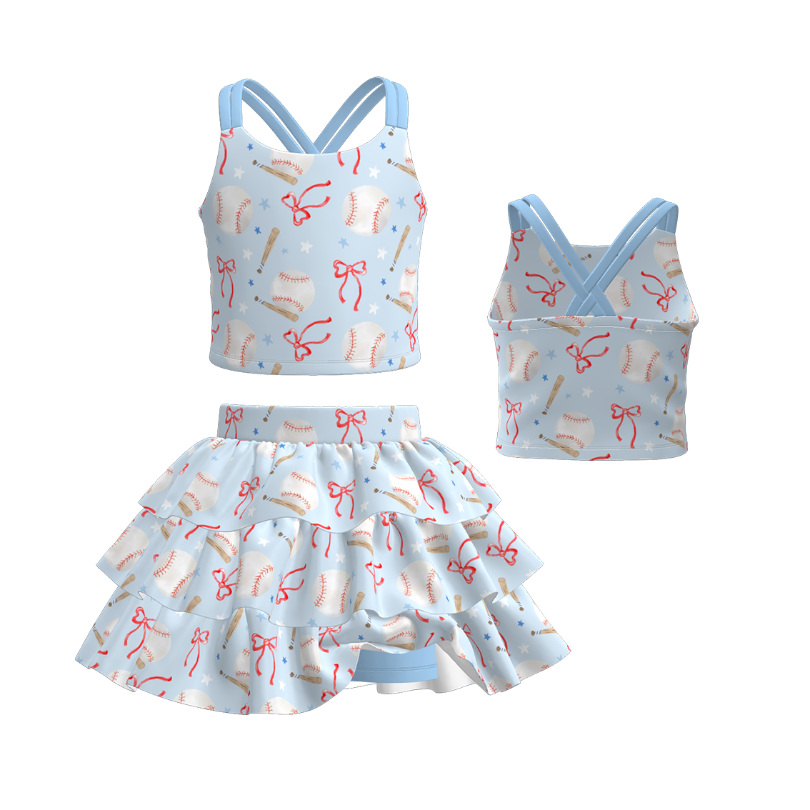 （Pre Order）Girls Spring and Summer Baseball Print Skort Set