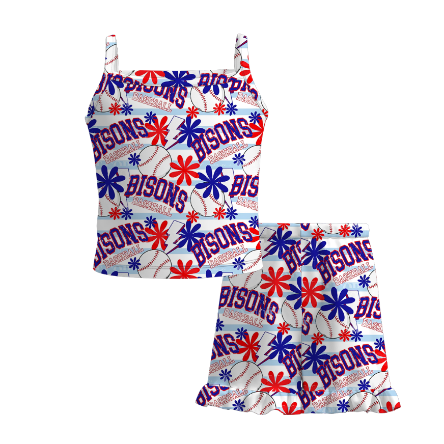 （Pre Order）Girls Spring and Summer Baseball Print Shorts Set