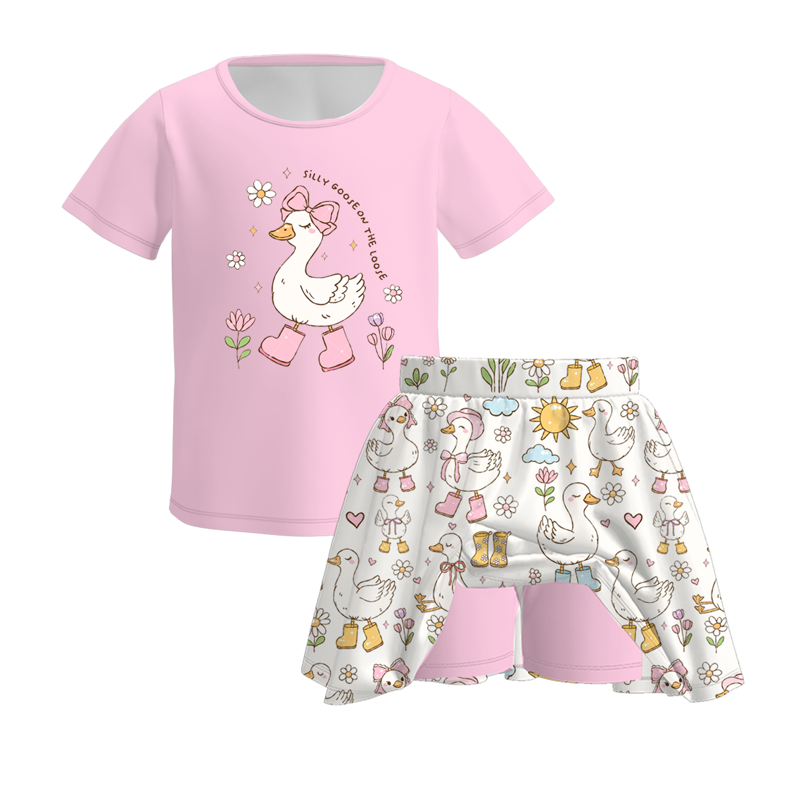 （Pre Order）Girls Spring and Summer Silly Goose Print Skort Set