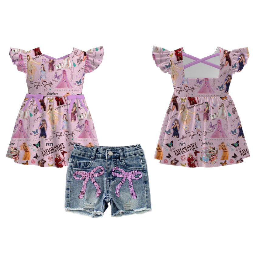 （Pre Order+Pants In Stock）Girls Spring and Summer TS Print Denim Shorts Set-Multicolor