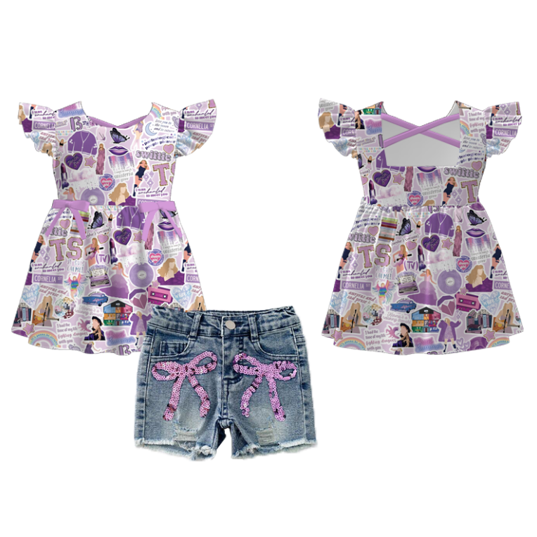 （Pre Order+Pants In Stock）Girls Spring and Summer TS Print Denim Shorts Set-Multicolor