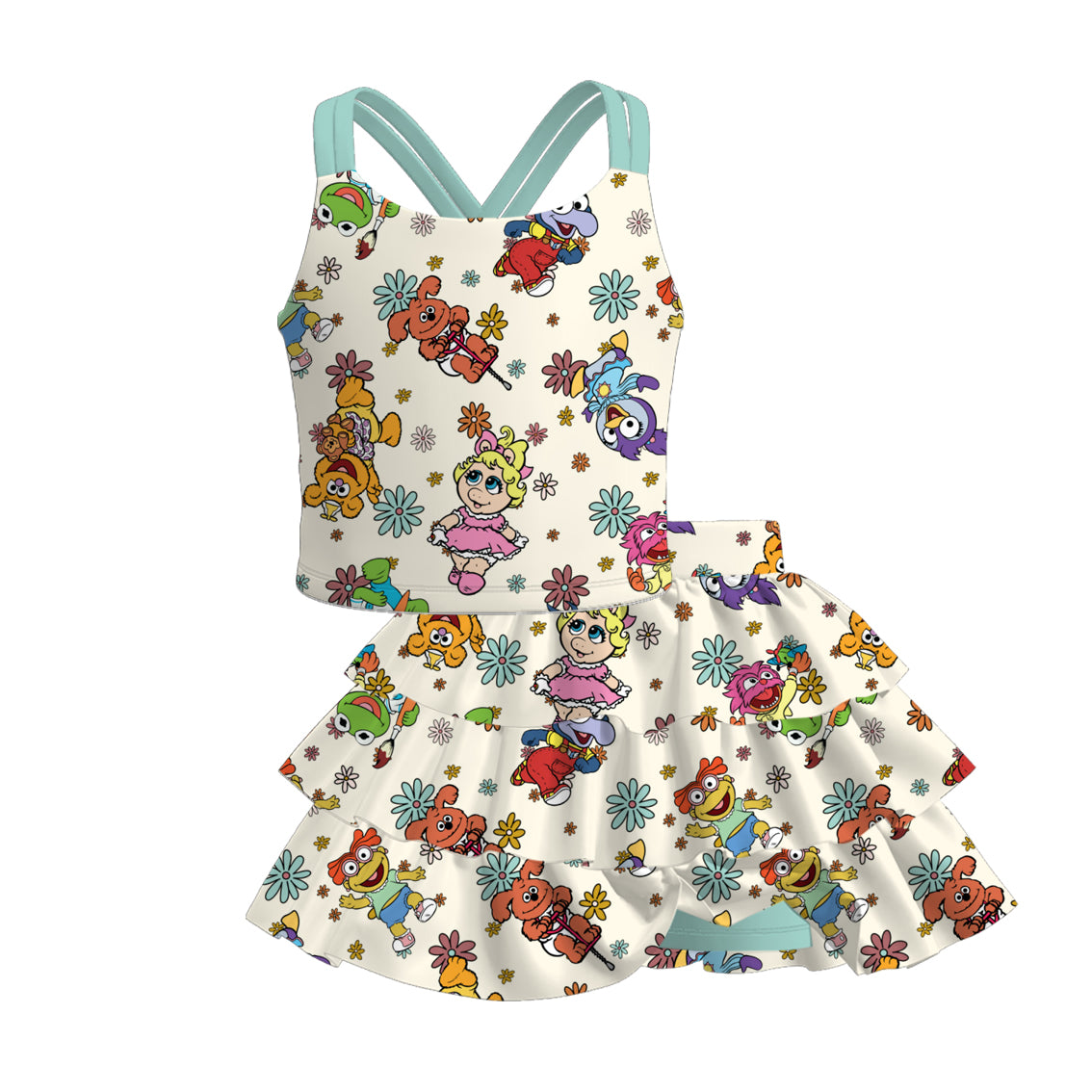 （Pre Order）Girls Spring and Summer Cartoon Print Dress＆Skort Set