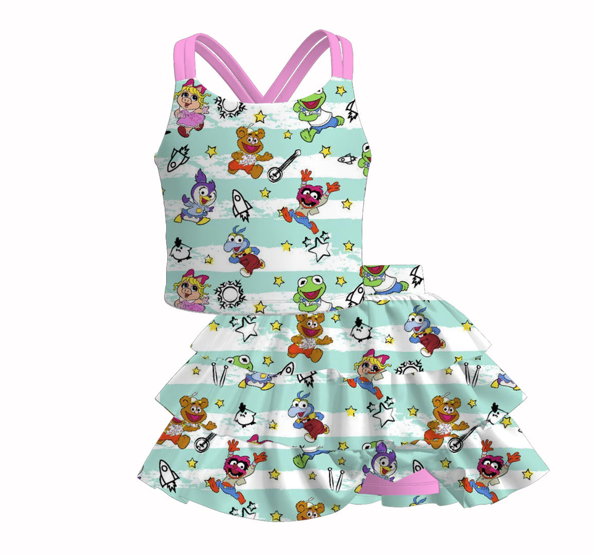 （Pre Order）Girls Spring and Summer Cartoon Print Dress＆Skort Set