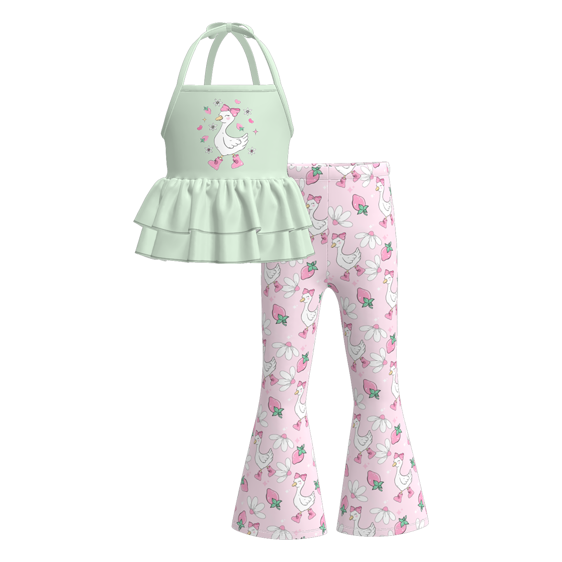 （Pre Order）Girls Spring and Summer Print Halterneck Top Bell Pants Set