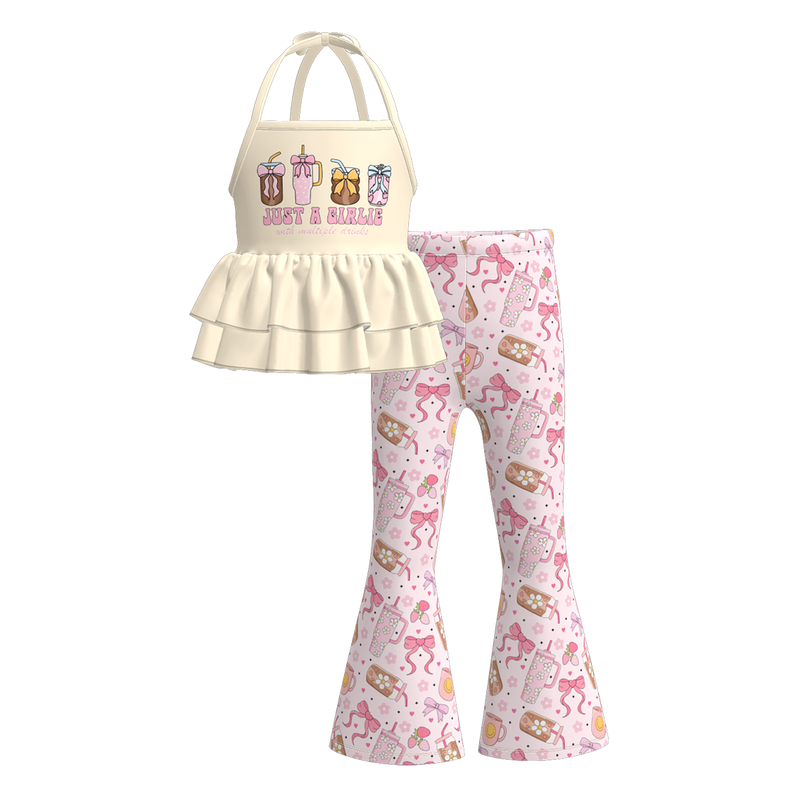（Pre Order）Girls Spring and Summer Print Halterneck Top Bell Pants Set