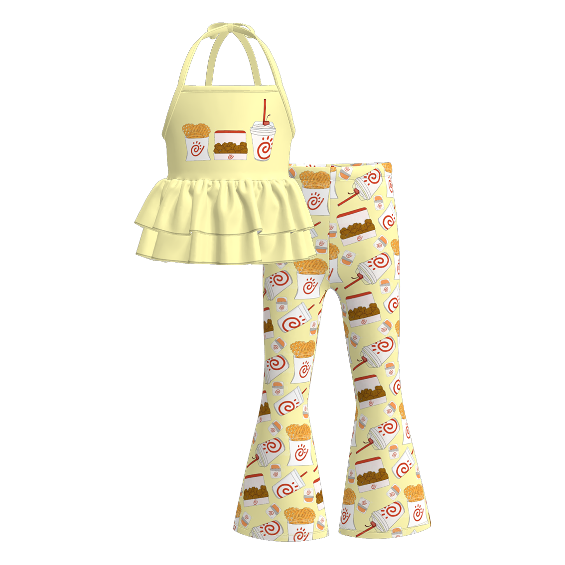 （Pre Order）Girls Spring and Summer Print Halterneck Top Bell Pants Set
