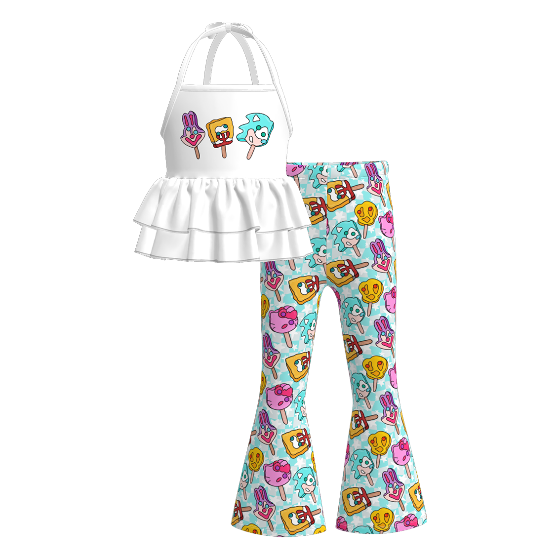（Pre Order）Girls Spring and Summer Print Halterneck Top Bell Pants Set