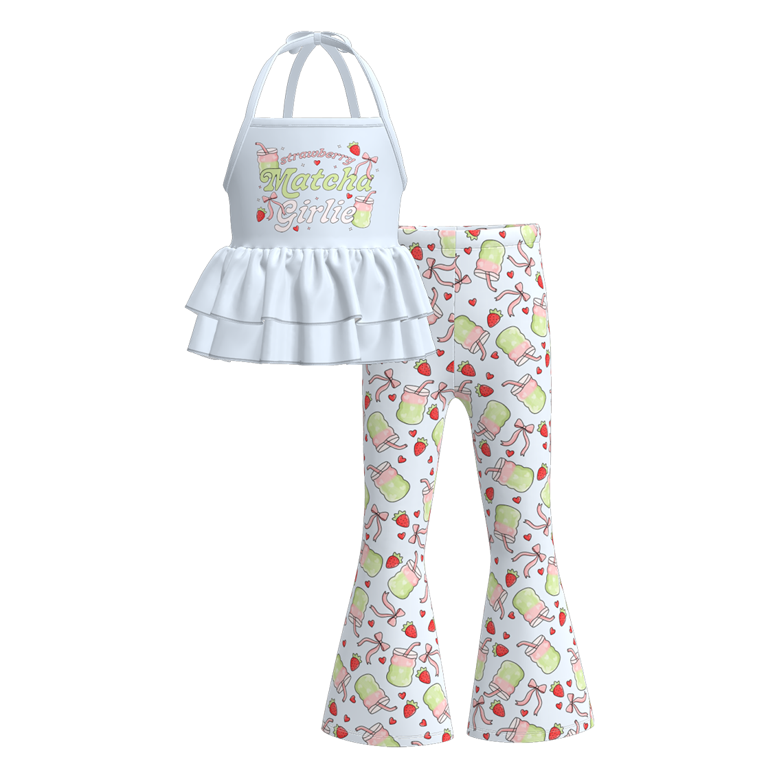 （Pre Order）Girls Spring and Summer Print Halterneck Top Bell Pants Set