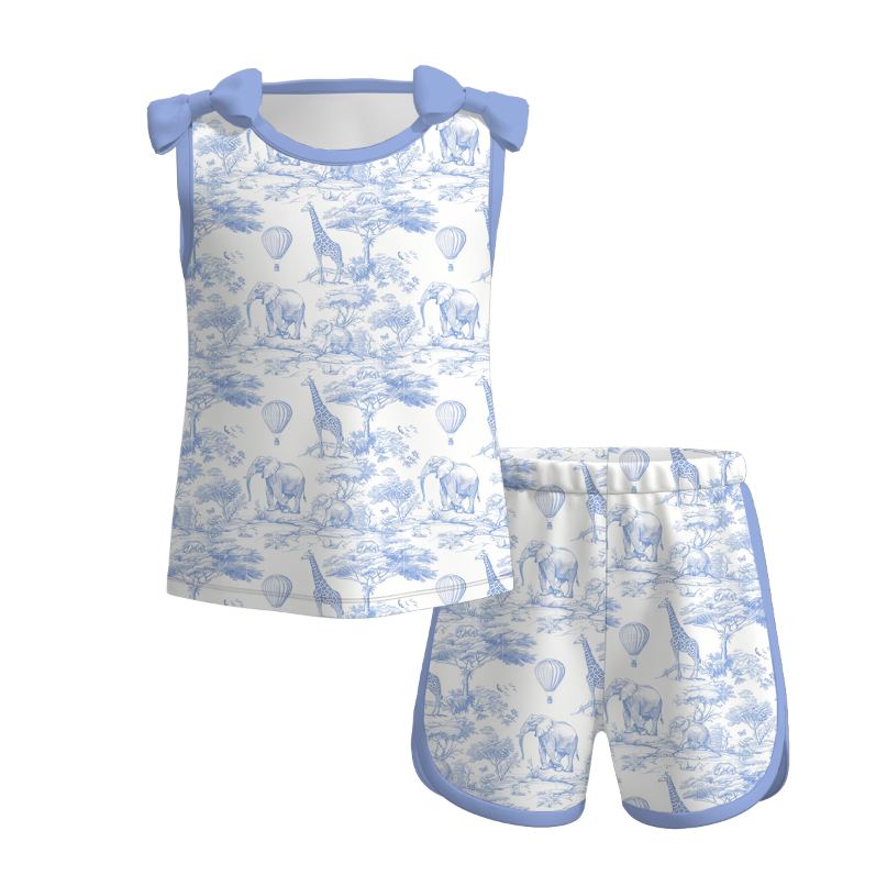 （Pre Order）Girls Spring and Summer Bow＆Floral Print Shorts Set