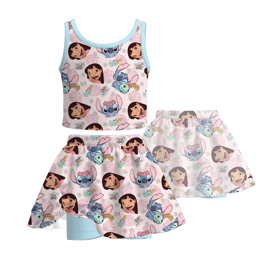 （Pre Order）Girls Spring and Summer Cartoon Print Skort Set