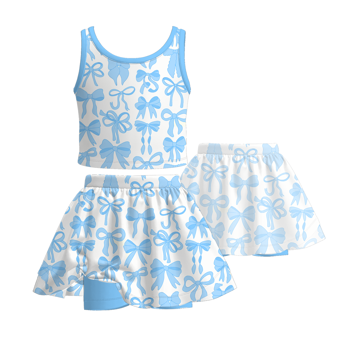 （Pre Order）Mommy and Me Summer Blue Bow Print Dress,Set＆Romper