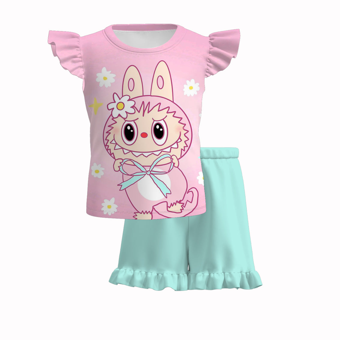 （Pre Order）Girls Spring and Summer Cartoon Print Shorts Set