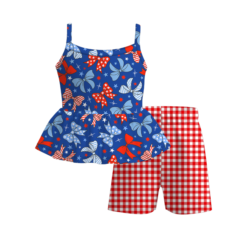 （Pre Order）Girls Spring and Summer Bow＆Floral Print Shorts Set