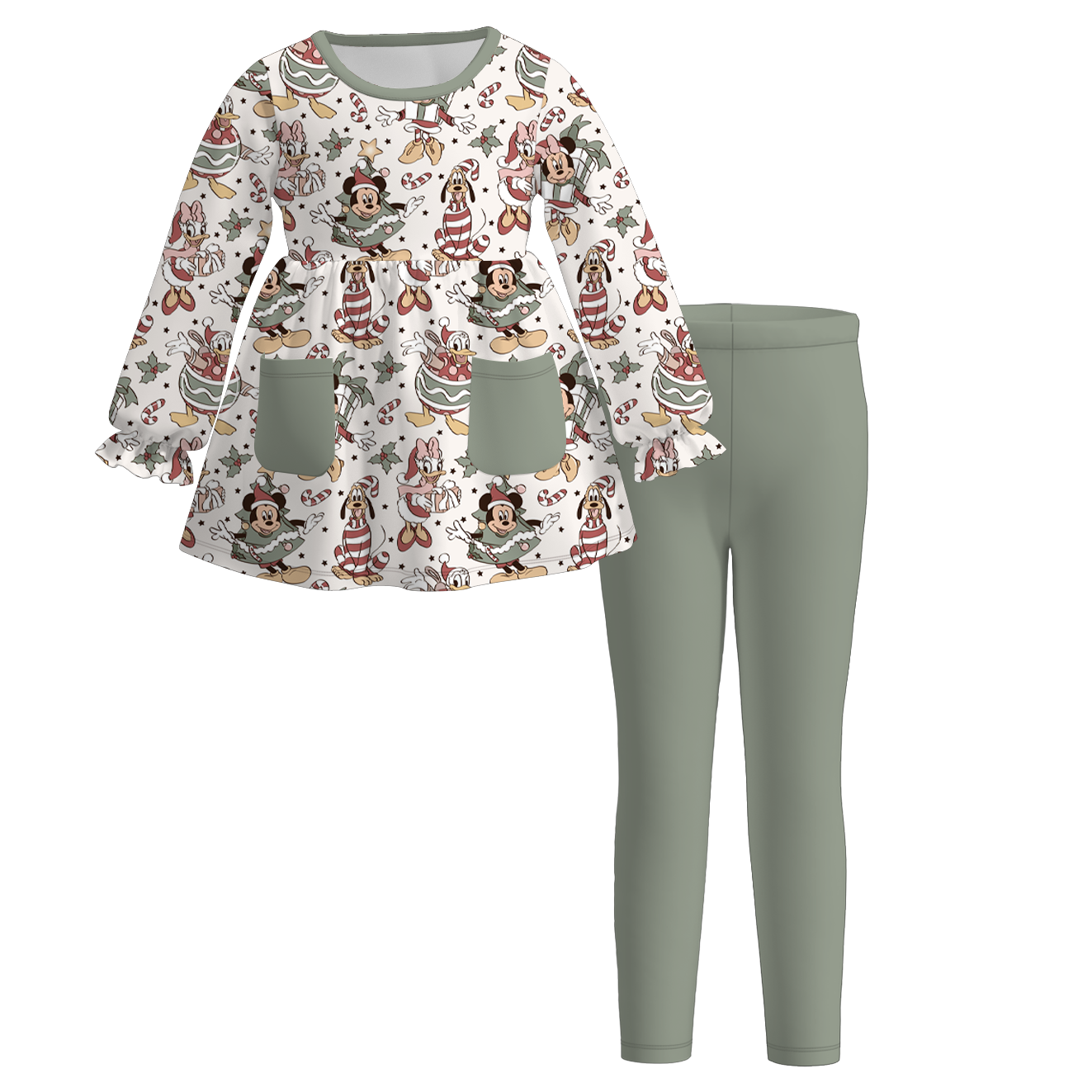 （Pre Order）Girls Christmas Cartoon Print Outfit Set