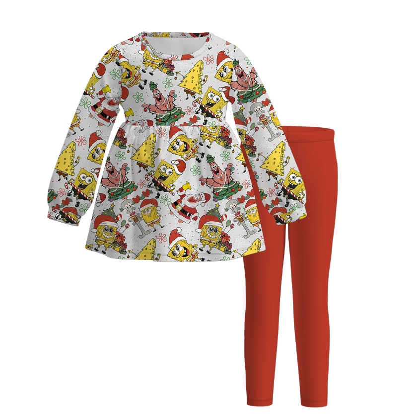 （Pre Order）Girls Christmas Cartoon Print Outfit Set