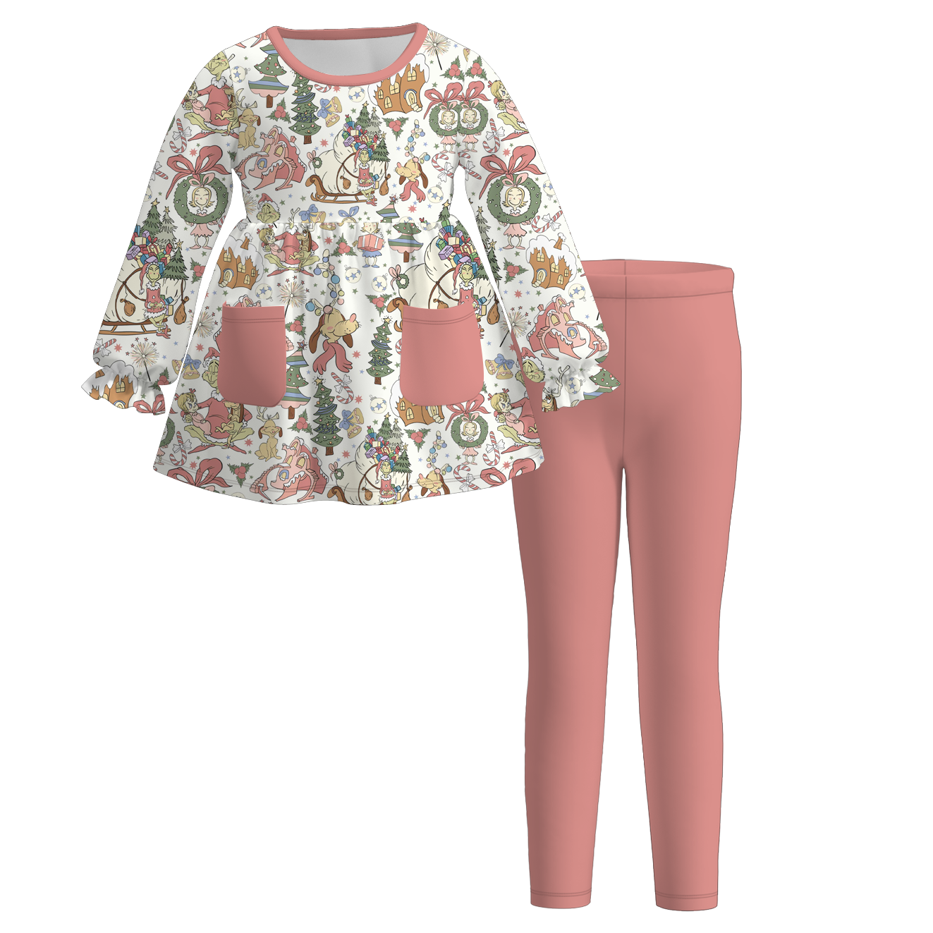 （Pre Order）Girls Christmas Cartoon Print Dress＆Outfit Set