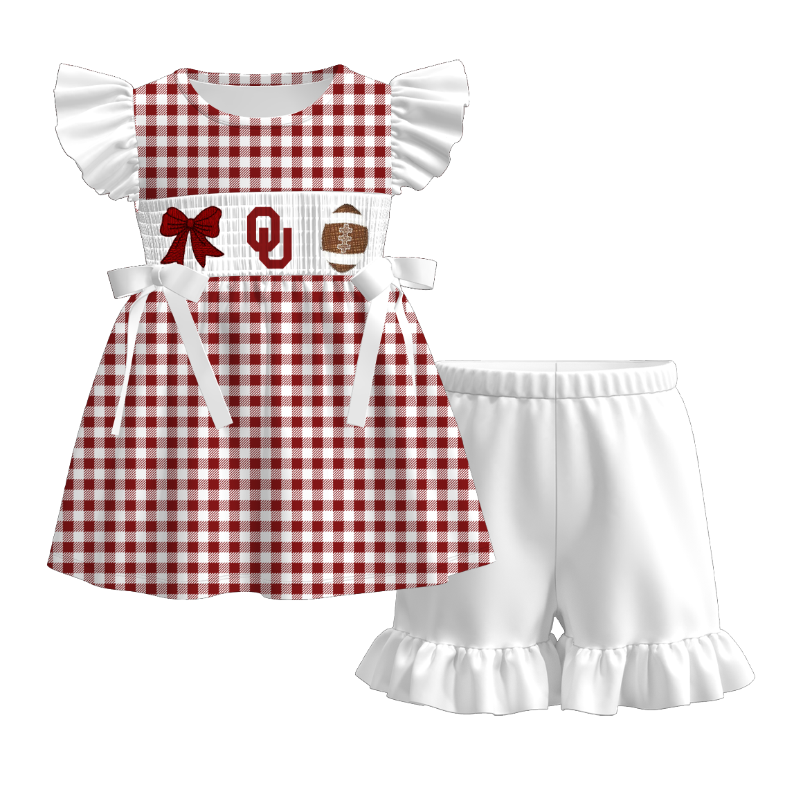 （Pre Order）Family Football Oklahoma Sooners Embroidery Smocked Dress,Set&Romper