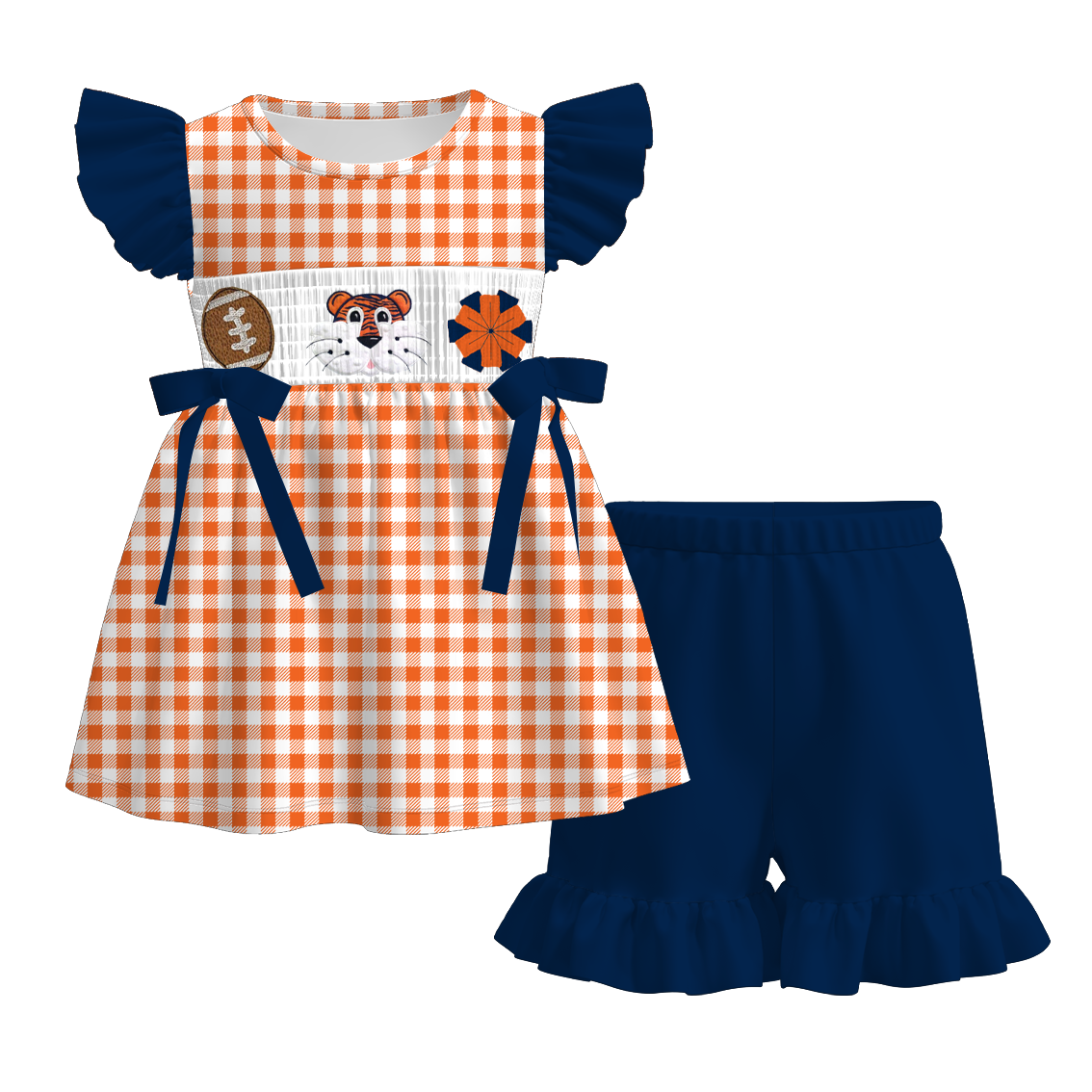 （Pre Order）Family Football Auburn Tigers Embroidery Smocked Dress,Set&Romper
