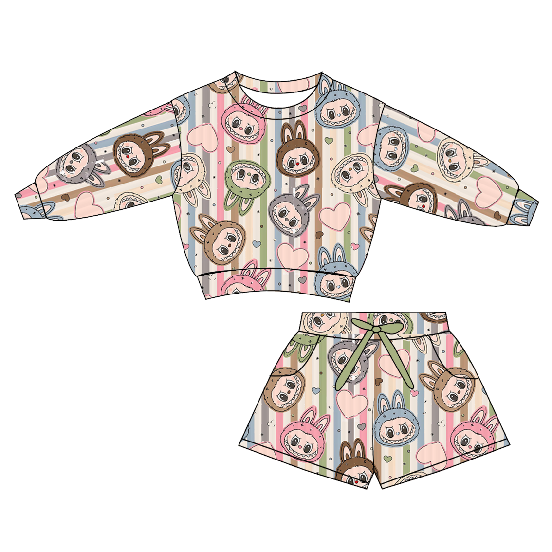 （Pre Order）Girls Halloween Cartoon Print Shorts Set with Pockets