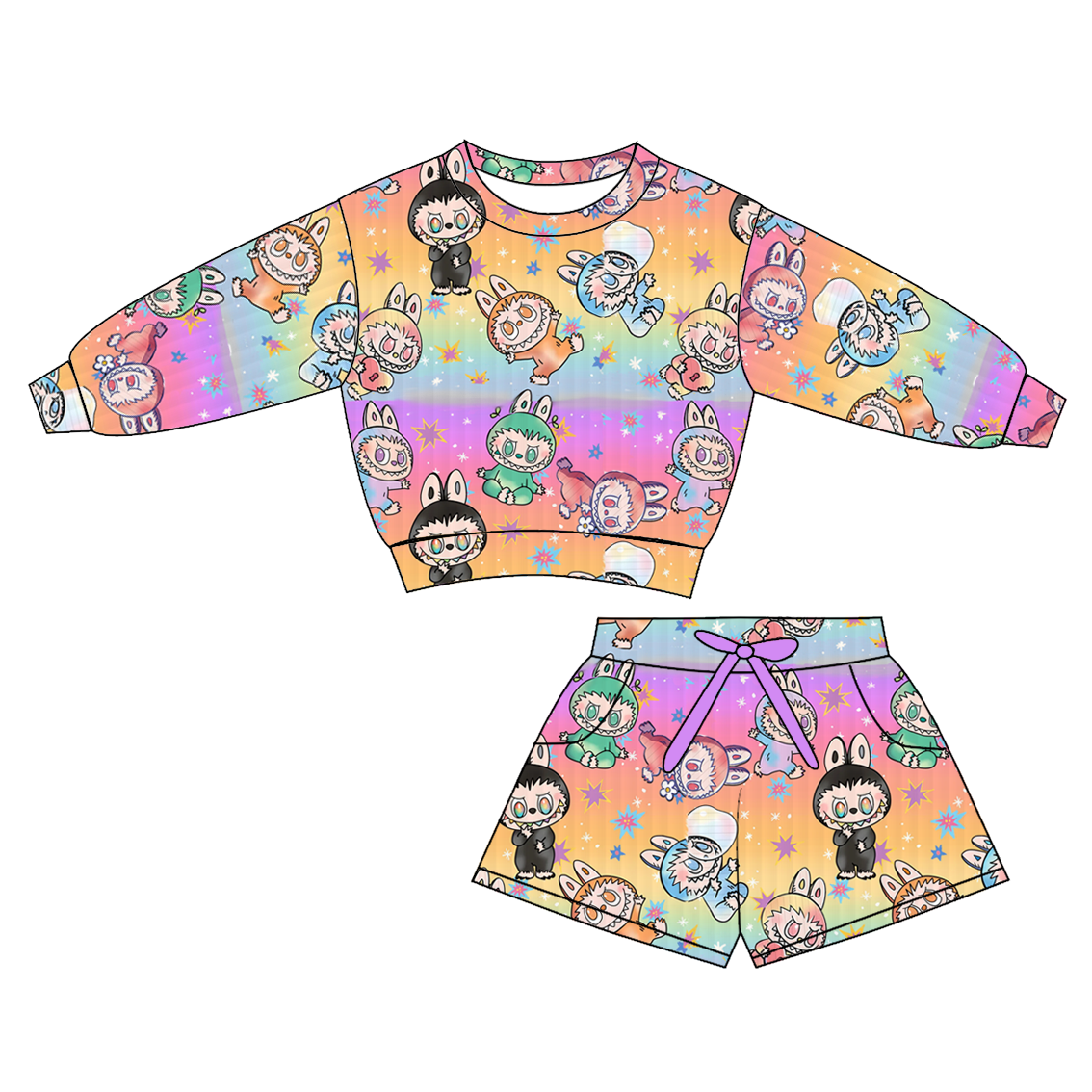 （Pre Order）Girls Halloween Cartoon Print Shorts Set with Pockets
