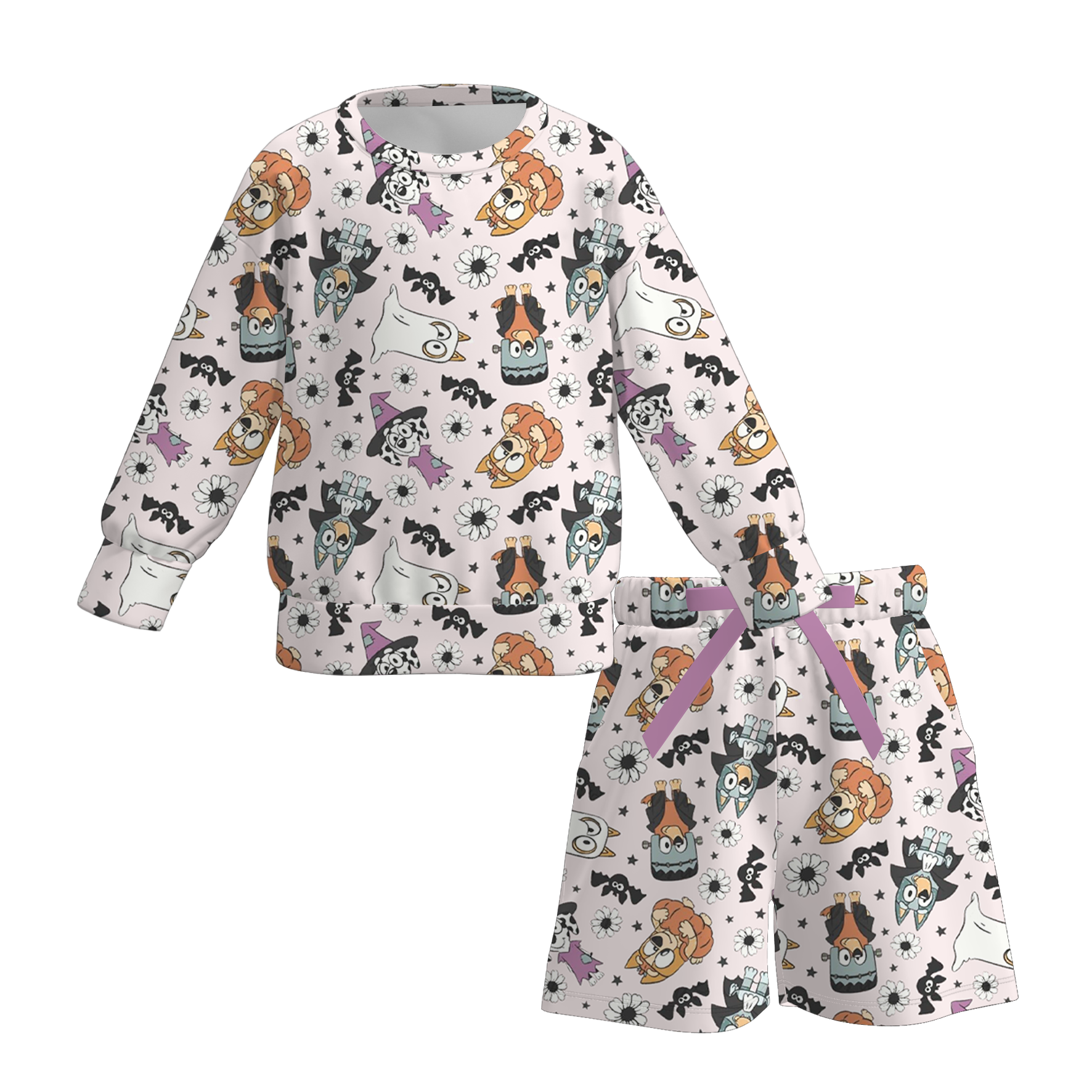 （Pre Order）Girls Halloween Cartoon Print Shorts Set with Pockets