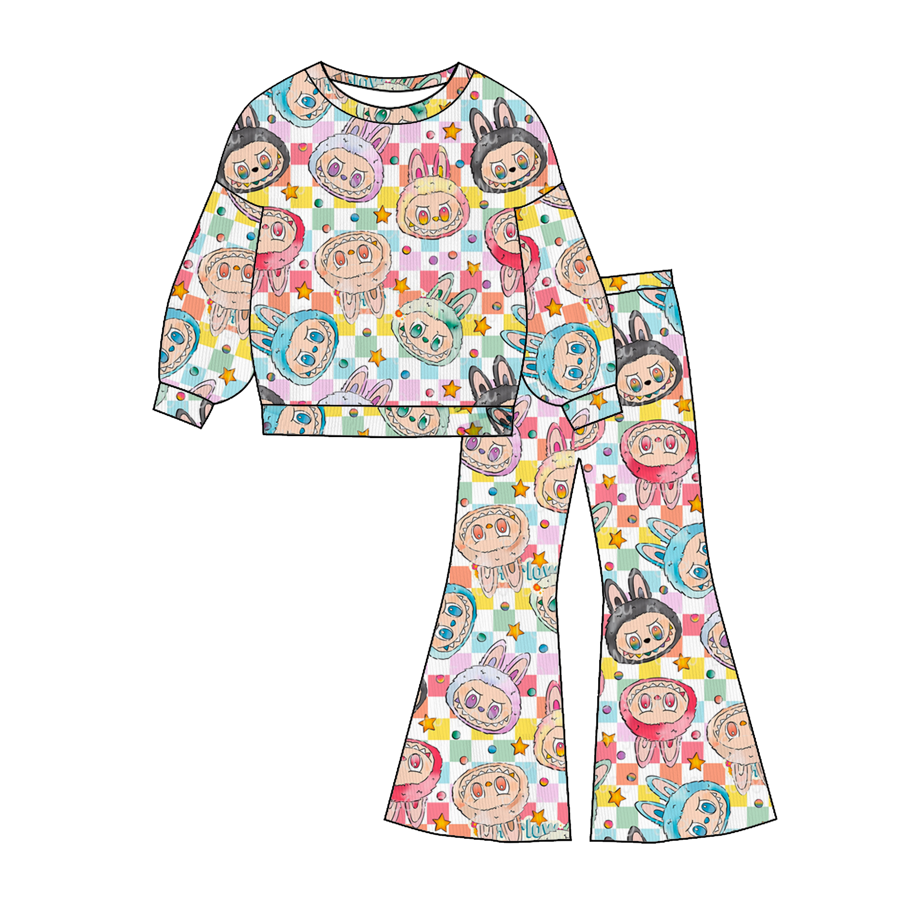 （Pre Order）Girls Fall Cartoon Print Twill Sweatshirt Suit&Skort Set