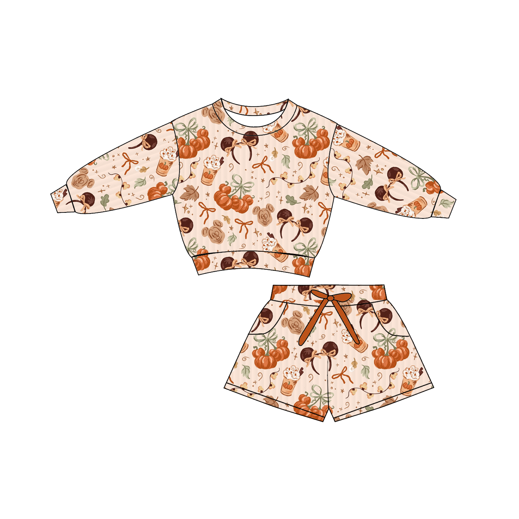 （Pre Order）Girls Fall&Winter Pumpkin Print Shorts Set with Pockets