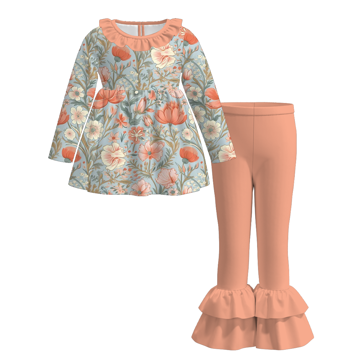 （Pre Order）Girls Fall&Winter Floral Print Ruffle Outfit Set