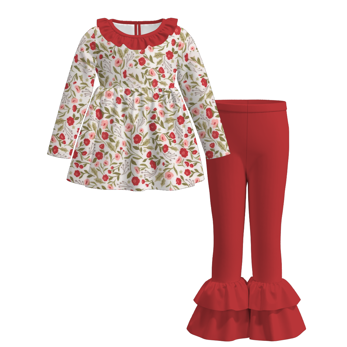 （Pre Order）Girls Fall&Winter Floral Print Ruffle Outfit Set