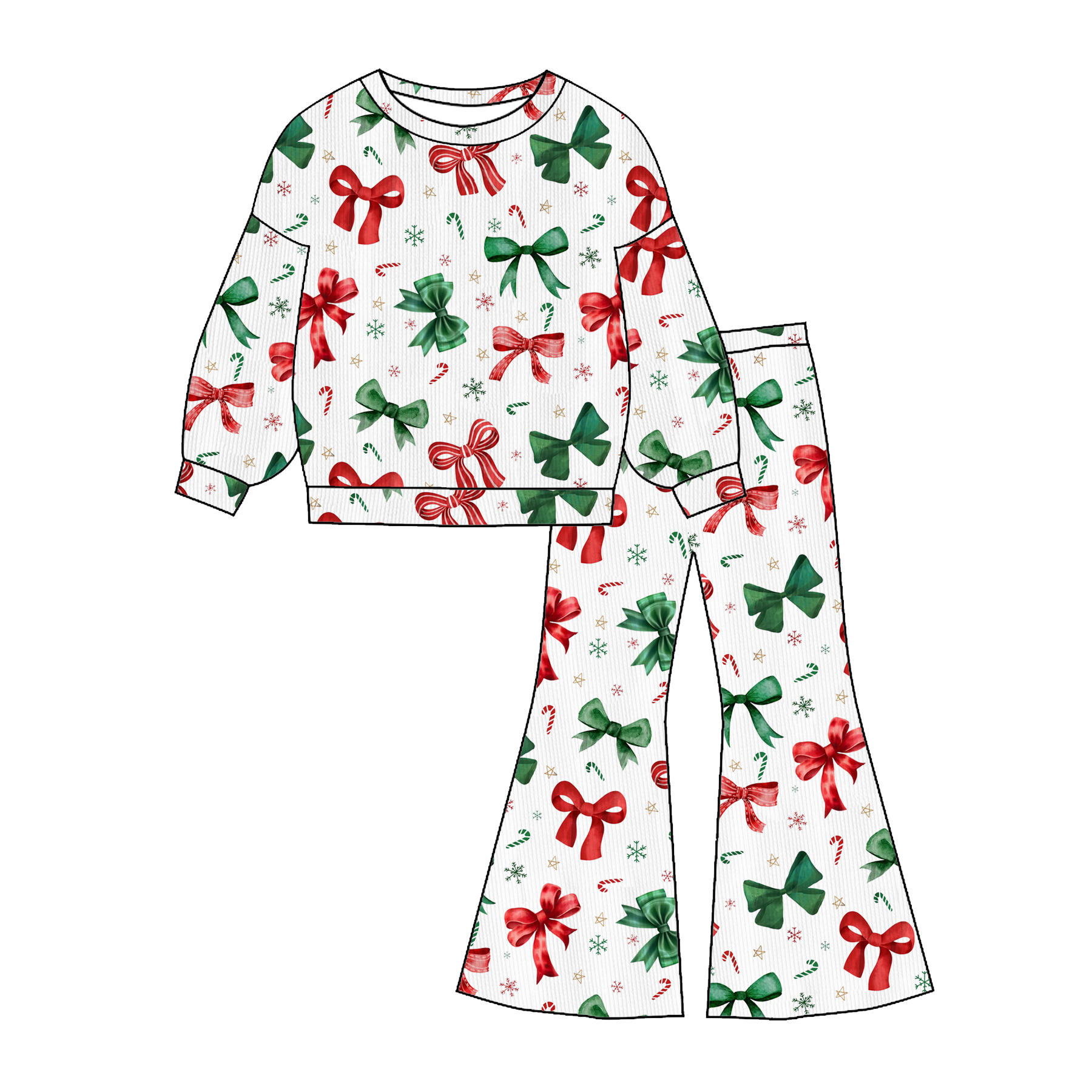 （Pre Order）Girls Christmas Bow&Elk Print Sweatshirt Suit,Pajamas
